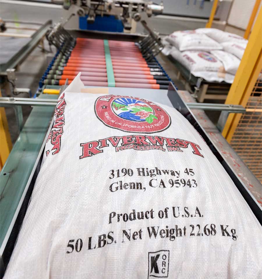 50lb bag of almonds with Riverwest Logo
